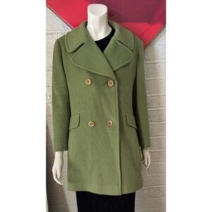 Vintage 60s Green Wool Womens Coat M Double Breasted Pea Coat Overcoat USA